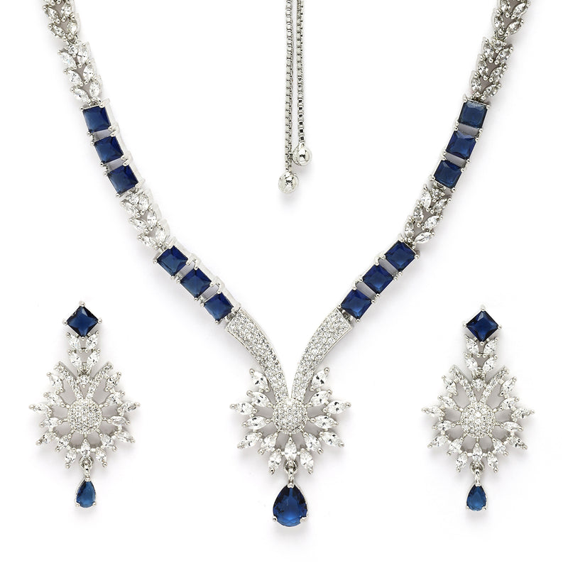 Rhodium Plated Silver Toned  Blue American Diamond Studded Jewellery Set
