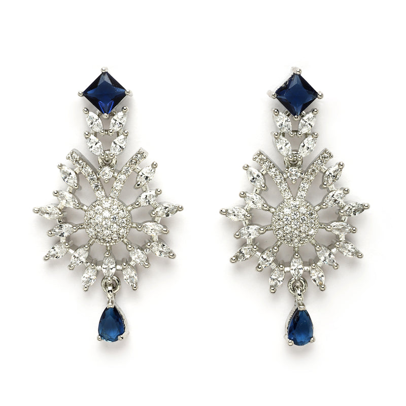 Rhodium Plated Silver Toned  Blue American Diamond Studded Jewellery Set