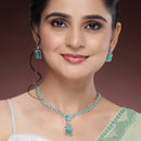 Rhodium Plated Silver Toned Sea Green American Diamond Studded Jewellery Set