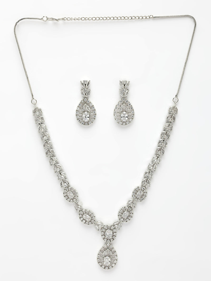 Rhodium Plated with White American Diamond Floral Drop Necklace Set