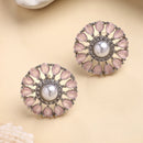 Rhodium Plated Silver Toned Floral Shaped Pink & White American Diamond & Pearl Studded Stud Earrings