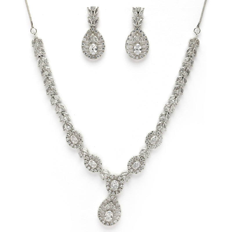 Rhodium Plated Silver Toned White American Diamond Jewellery Set