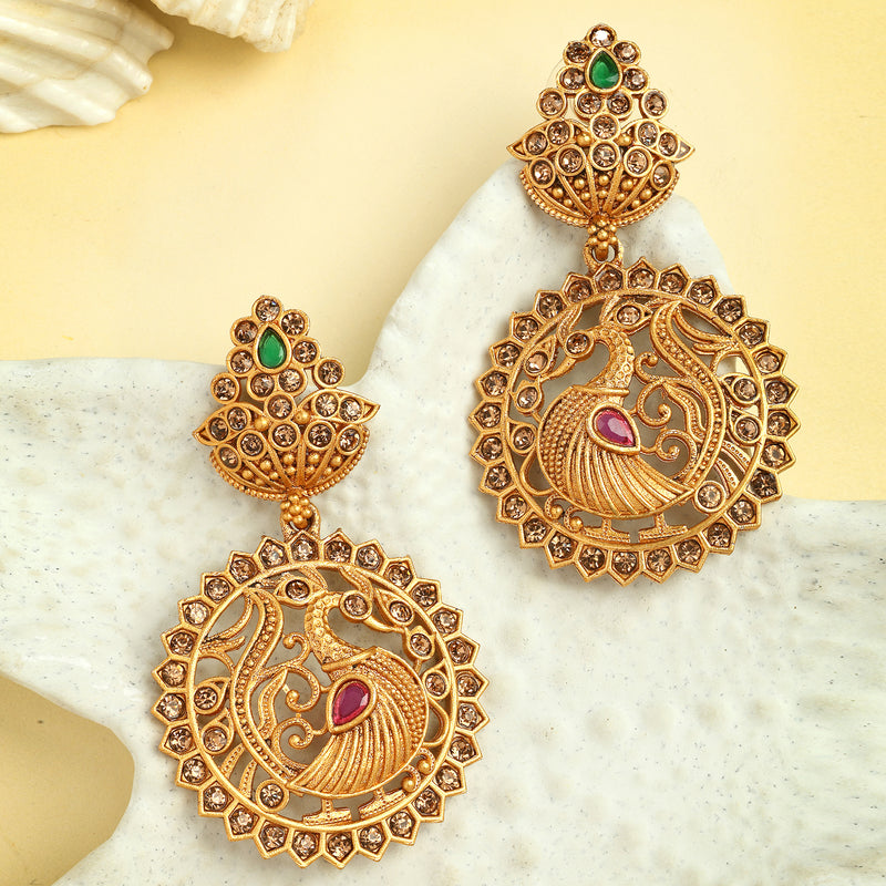 Gold Plated Peacock Shaped Cubic Zirconia Stone Studded Drop Earrings
