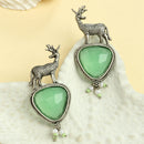 Oxidised Silver Toned Deer Shaped Mint Green CZ Stone Studded Pearl Beaded Earrings