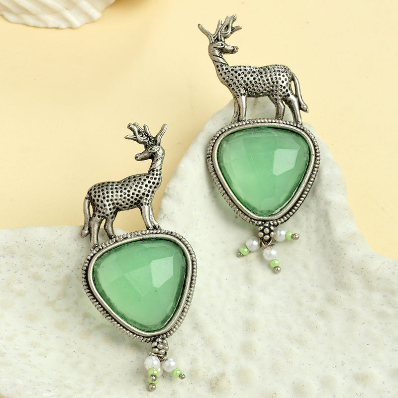 Oxidised Silver Toned Deer Shaped Mint Green CZ Stone Studded Pearl Beaded Earrings