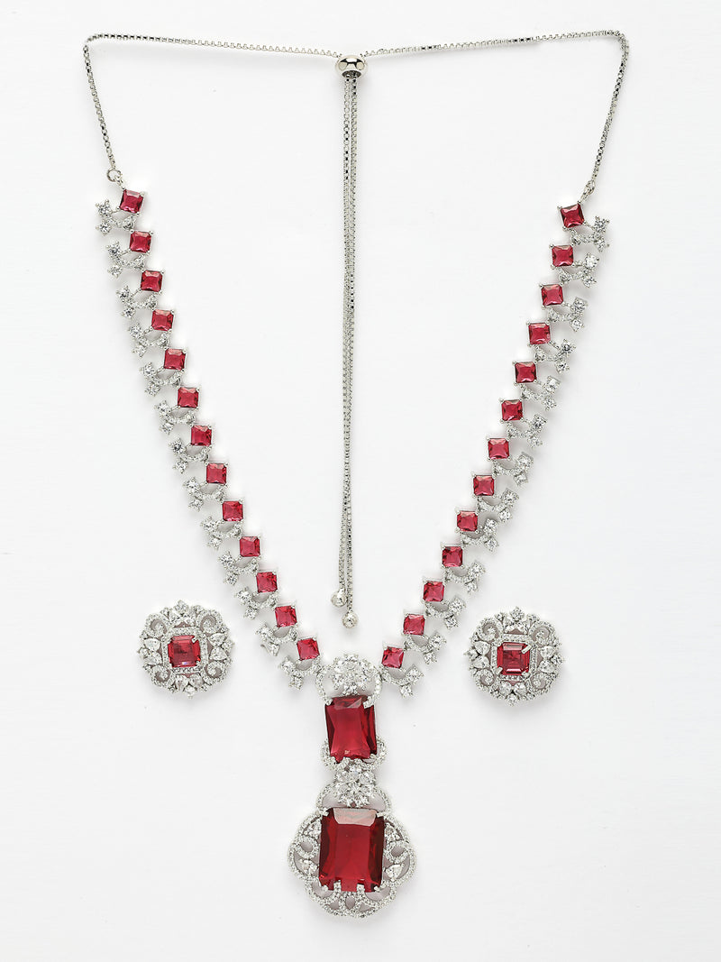 Rhodium Plated with Red American Diamond Studded Maharani Design Necklace Set