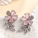 Rhodium Plated Silver Toned Floral Shaped Pink & White American Diamond Studded Stud Earrings