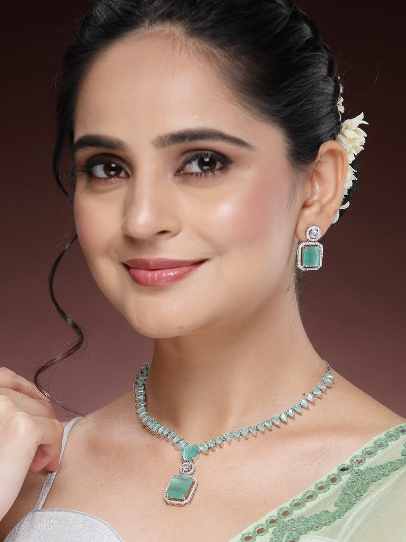 Rhodium Plated with Unique Design Necklace & Sea Green American Diamond Studded Necklace Set