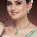 Rhodium Plated Silver Toned Sea Green American Diamond Studded Jewellery Set