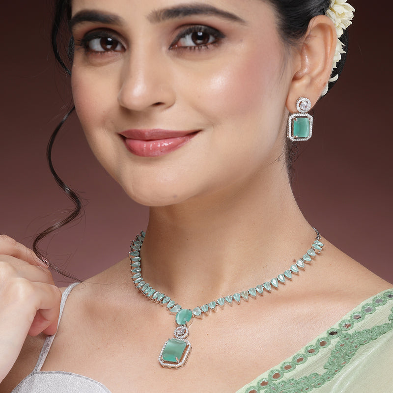 Rhodium Plated Silver Toned Sea Green American Diamond Studded Jewellery Set