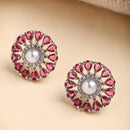 Rhodium Plated Silver Toned Floral Shaped Red & White American Diamond & Pearl Studded Stud Earrings