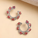 Rhodium Plated Silver Toned Red & White American Diamond Embellished Earrings