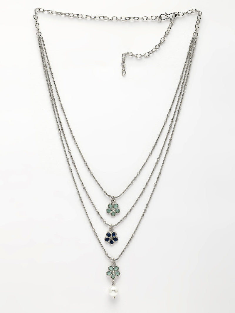 Oxidized Plated with Pearl & Sea Green Stones Studded 3 Layered Necklace Set