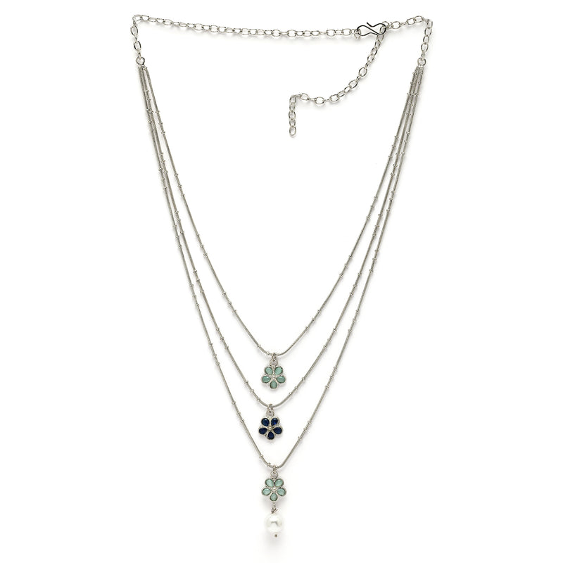 Oxidized  Pearl & Sea Green Stones Studded 3 Layered Necklace