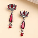 Oxidised Silver Toned Lotus Shaped Red CZ Studded Pearl Beaded Earrings