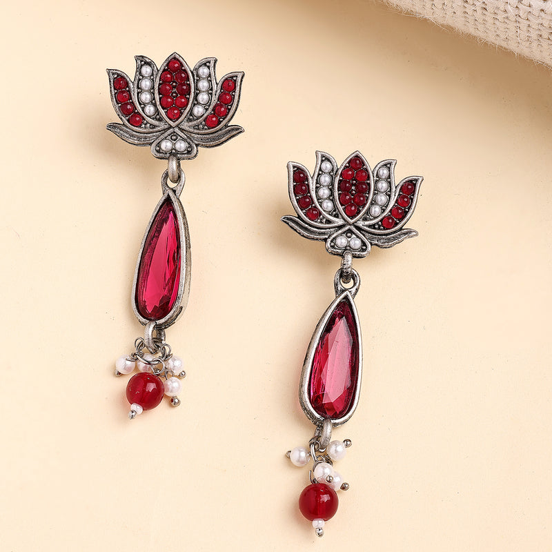 Oxidised Silver Toned Lotus Shaped Red CZ Studded Pearl Beaded Earrings