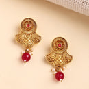 Traditional Gold Plated Floral Shaped  Red Pearl Beaded Earrings