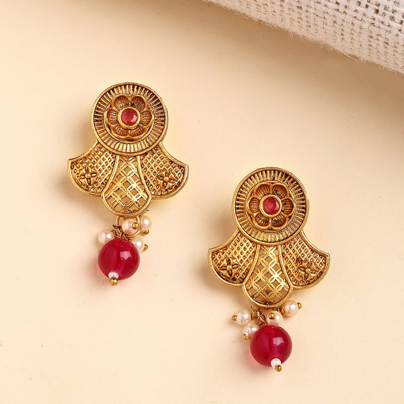 Traditional Gold Plated Floral Shaped  Red Pearl Beaded Earrings