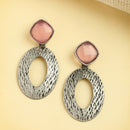 Oxidized SIilver Toned Oval Shaped Pink Cubic Zirconia Studded Earrings