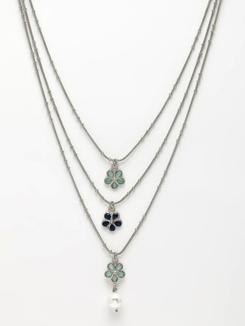 Oxidized Plated with Pearl & Sea Green Stones Studded 3 Layered Necklace Set