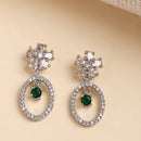 Rhodium Plated Silver Toned Floral Oval Shaped Green & White American Diamond Studded Drop Earrings