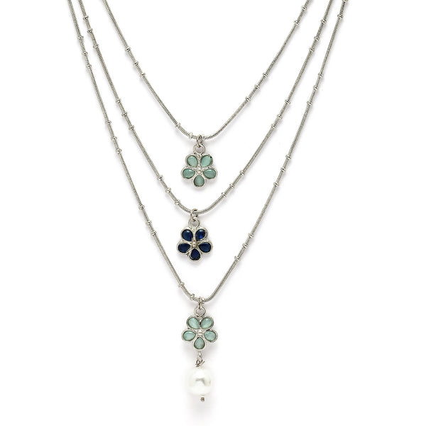 Oxidized  Pearl & Sea Green Stones Studded 3 Layered Necklace