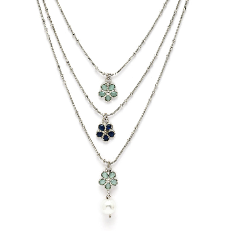 Oxidized  Pearl & Sea Green Stones Studded 3 Layered Necklace