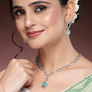 Rhodium Plated Silver Toned Sea Green American Diamond Studded Jewellery Set