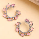 Rhodium Plated Silver Toned Pink & White American Diamond Embellished Earrings
