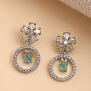 Rhodium Plated Silver Toned Floral Shaped Sea Green White American Diamond Studded Drop Earrings