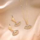 Gold Toned Alloy Crystal Studded Evil Eye Pendant Necklace Set for Women