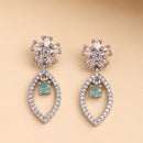 Rhodium Plated Silver Toned Floral Leaf Shaped Sea Green & White American Diamond Studded Drop Earrings