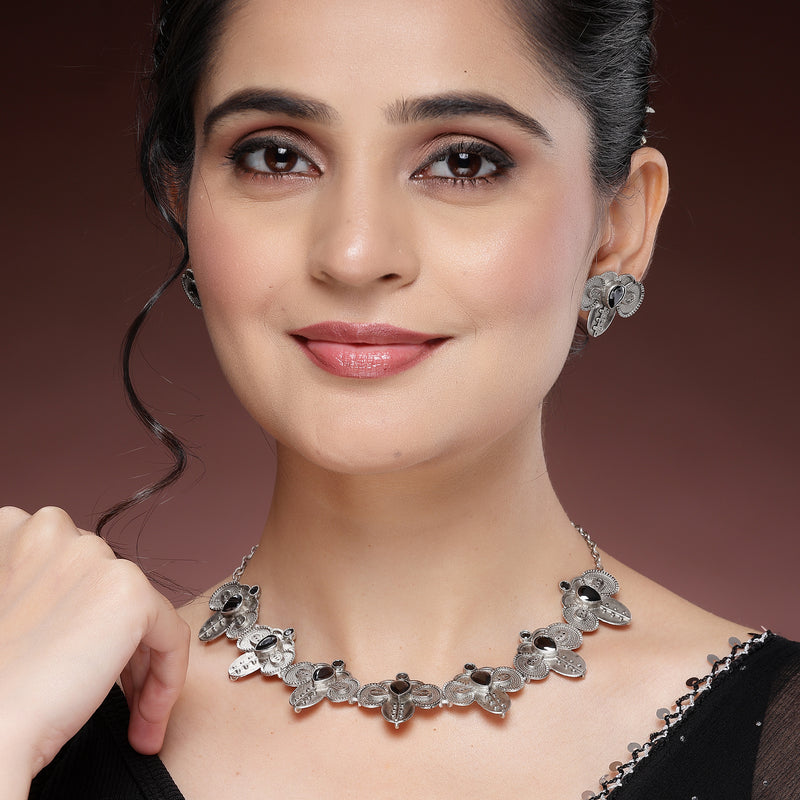 Oxidized Plated with Silver Filigree Design Black Stone Studded JewellerySet