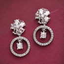 Rhodium Plated Silver Toned Floral Shaped White American Diamond Studded Drop Earrings