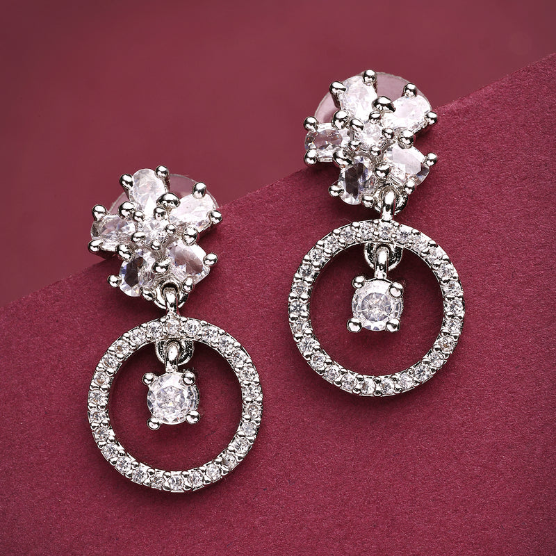 Rhodium Plated Silver Toned Floral Shaped White American Diamond Studded Drop Earrings