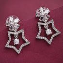 Rhodium Plated Silver Toned Starry Floral Shaped White American Diamond Studded Drop Earrings