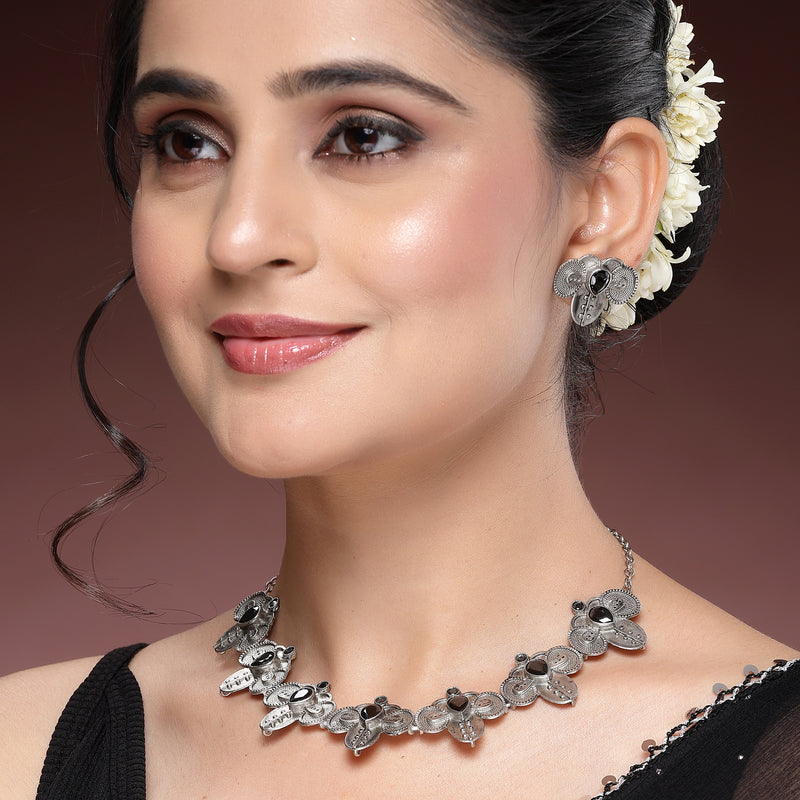 Oxidized Plated with Silver Filigree Design Black Stone Studded JewellerySet