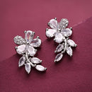 Rhodium Plated Silver Toned Floral Shaped White American Diamond Studded Stud Earrings