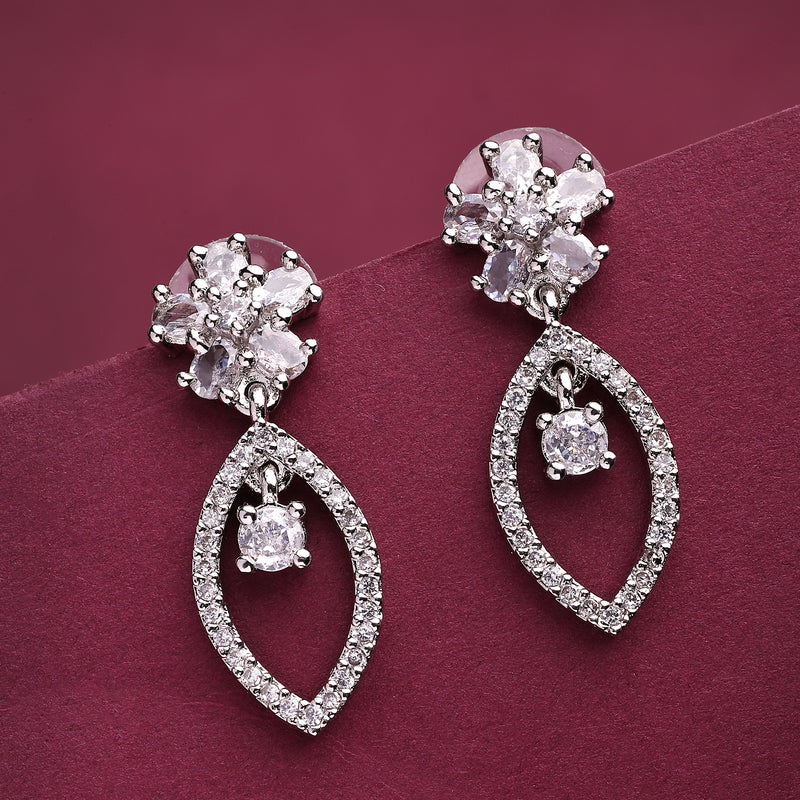 Rhodium Plated Silver Toned Floral Leaf Shaped White American Diamond Studded Drop Earrings