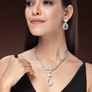 Rhodium Plated Teardrop Shaped Crystal White American Diamond Studded Necklace Set