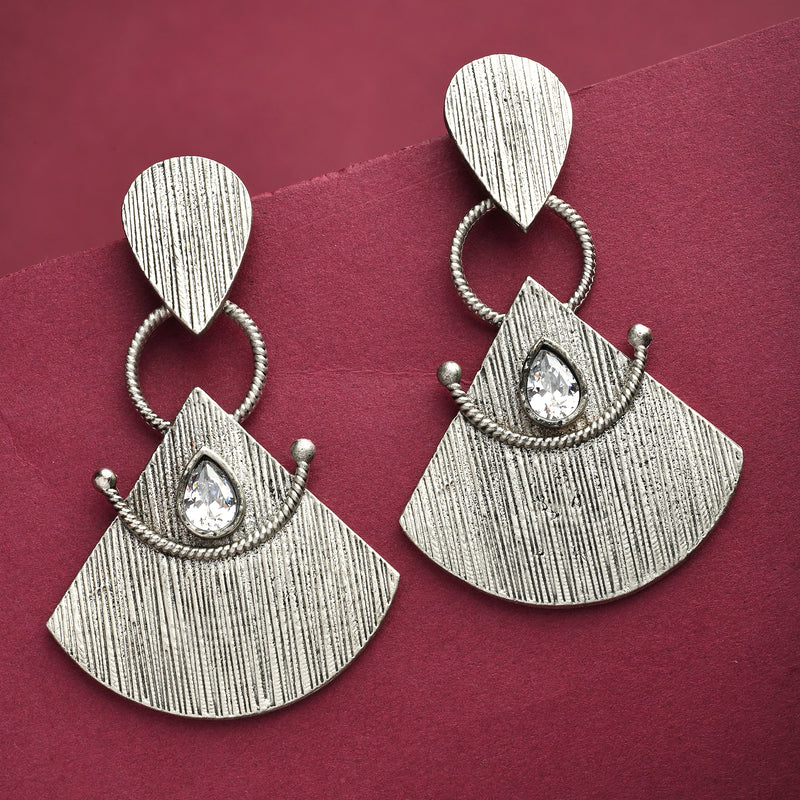 Oxidised Fusion CZ Studded Tribal Style Dangler Earrings