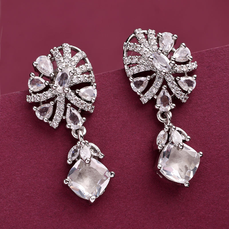 Rhodium Plated Silver Toned Leaf Shaped White American Diamond Studded Drop Earrings
