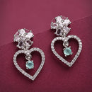 Rhodium Plated Silver Toned Hearty Floral Shaped Sea Green & White American Diamond Studded Drop Earrings