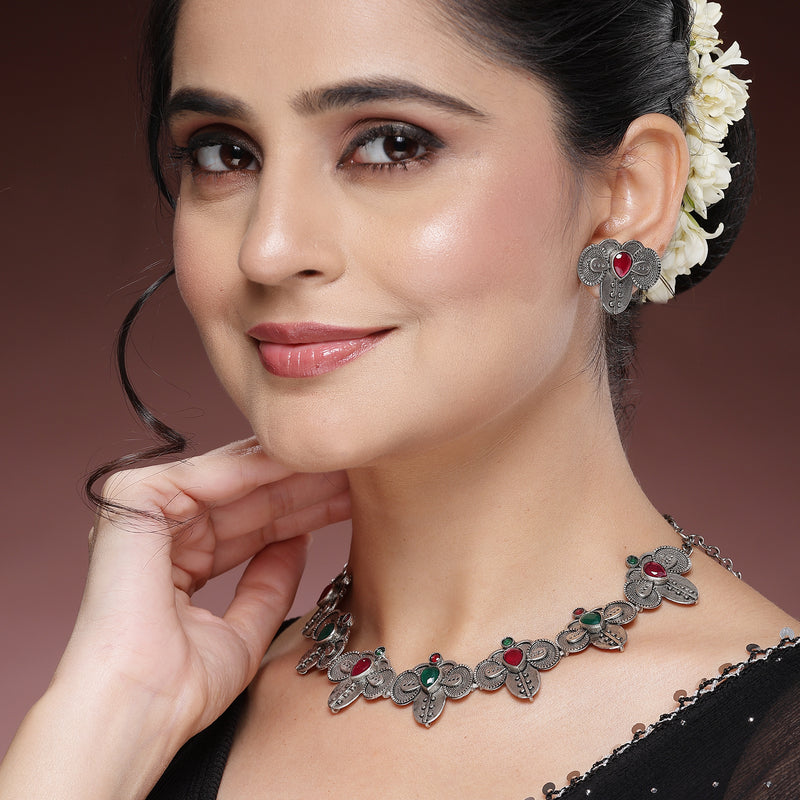 Oxidized Plated with Silver Filigree Design Red & Green Stone Studded Jewellery Set