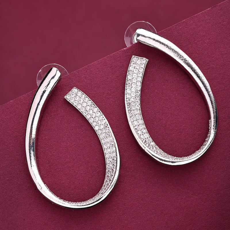 Rhodium Plated Silver Toned Teardrop Shaped White American Diamond Studded Earrings
