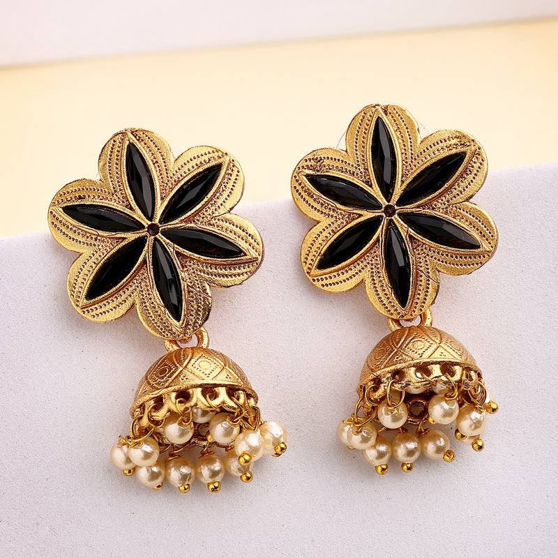 Traditional Gold Plated Floral Shaped Pearl Beaded Jhumki