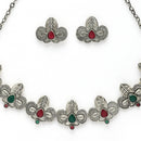 Oxidized Plated with Silver Filigree Design Red & Green Stone Studded Jewellery Set
