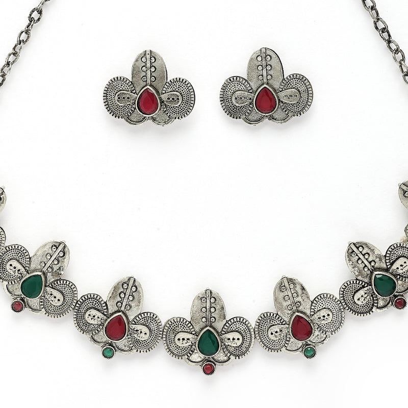 Oxidized Plated with Silver Filigree Design Red & Green Stone Studded Jewellery Set