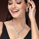 Rhodium Plated Silver Toned Crystal White American Diamond Studded Necklace Set