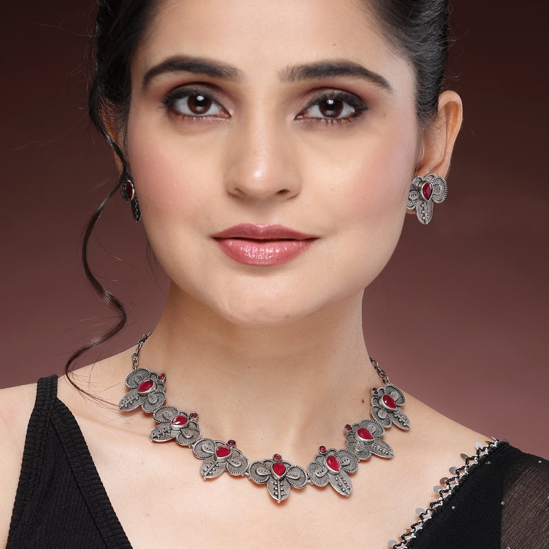 Oxidized Plated with Silver Filigree Design Red Stone Studded Jewellery Set
